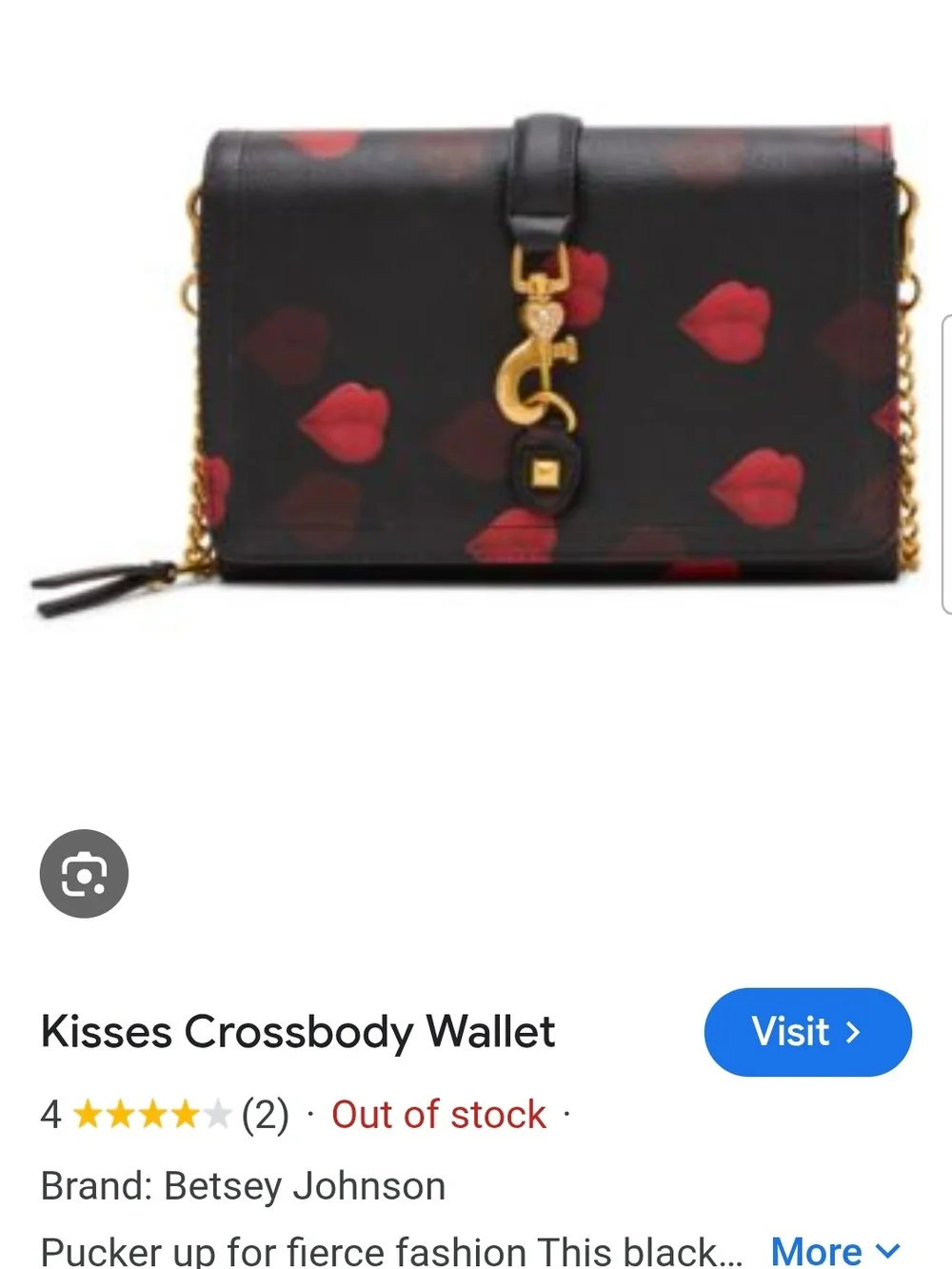 Betsey Johnson Black Crossbody Bag with Red Lip Motif & Gold Chain